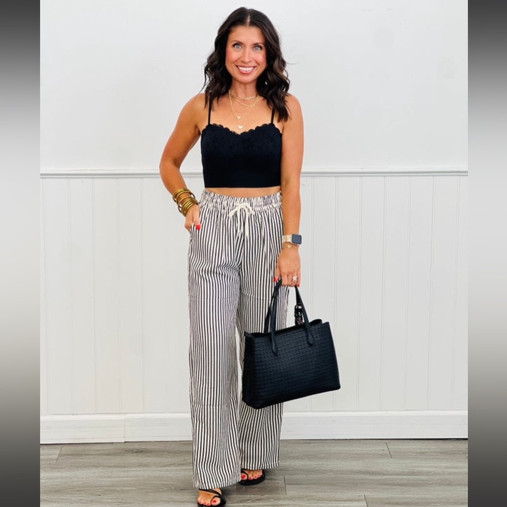 🍒BOGO50%🍒🆕🖤NEW MIX: BLACK Striped Drawstring Straight Leg Pants LARGE (10-12)